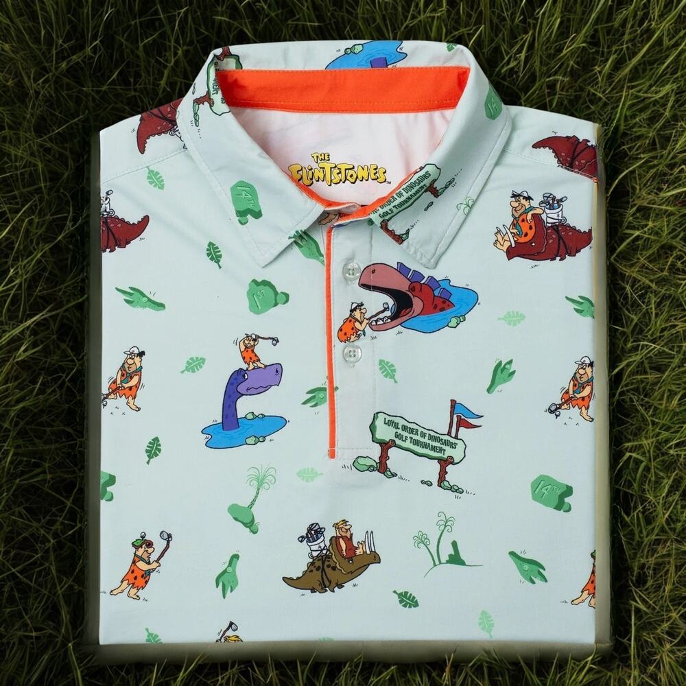 RSVLTS Flintstones Loyal Order of Dinosaurs Golf Polo XL Breakfast Balls NWOT